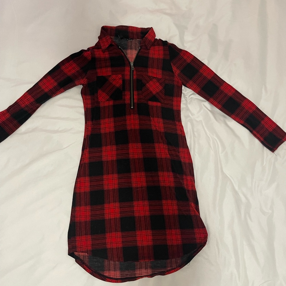 Red&Black Plaid Long Sleeved Flannel Dress